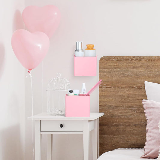 Suclain 4 Pcs Wall Mounted Organizer Non-drilling Adhesive Floating Shelf Wall Bin Organizer Hanging Storage Containers for Bedroom Bathroom Kitchen Office (Pink)