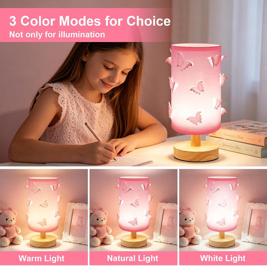 3D Butterfly Pink Table Lamp, Cute Princess Lamp for Girls Bedroom, 3-Color Dimmable Light with Wood Base & Adjustable Brightness, Kids Teen Decor Table Lamp for Living Room and Bedside (Pink)