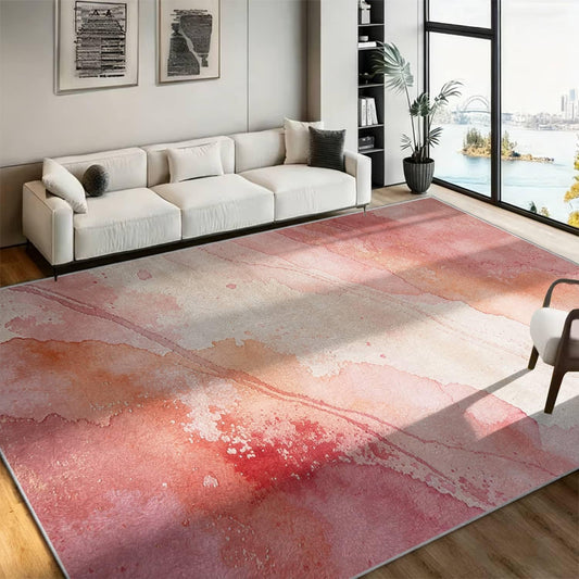 Modern Abstract Washable 4x6 Area Rugs for Living Room, Colorful Soft Bedroom Rug, Low Pile Non Slip Mat, Pink Peach Gold Watercolor Wash Carpet for Nursery Office Bedroom Glam Feminine Home Decor