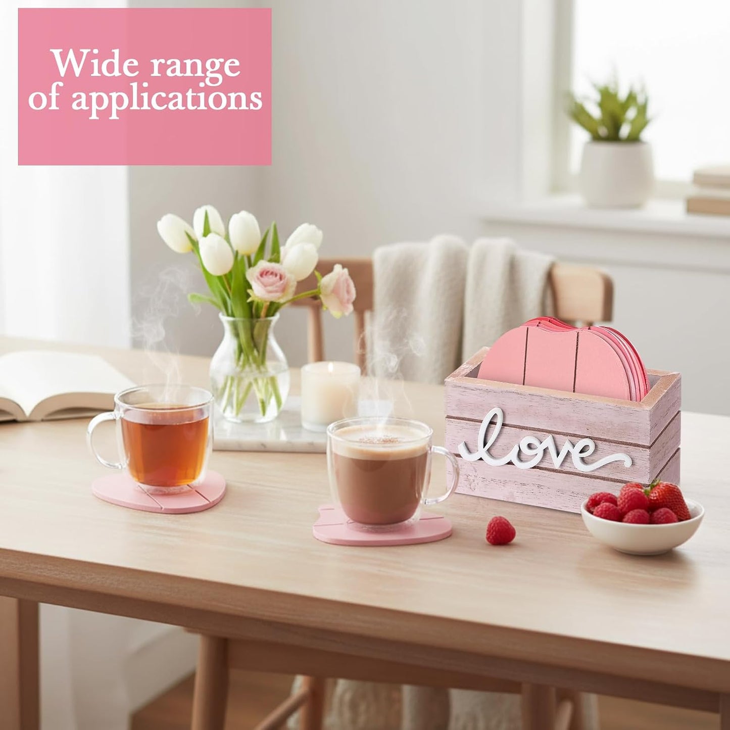 Patelai Set of 6 Wooden Heart Coasters House Warming Gifts New Home White Elephant Gifts for Adults Funny Farmhouse Coasters with Holder for Coffee Table Protection Decoration(Love,Pink)