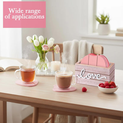 Patelai Set of 6 Wooden Heart Coasters House Warming Gifts New Home White Elephant Gifts for Adults Funny Farmhouse Coasters with Holder for Coffee Table Protection Decoration(Love,Pink)