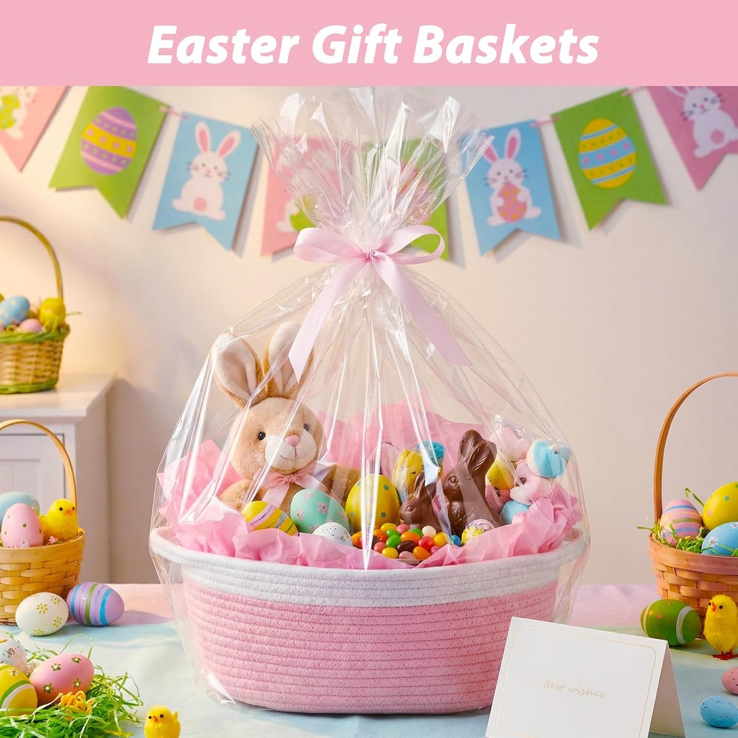 woric Baby Gifts Basket Woven Basket Rope Baskets for Wedding Gifts Empty Baby Shower Toy Storage Girls Birthday Graduation Decor (Pink 12"X 8" X 5" with Gift Bag Card Ribbon Tissue Paper)