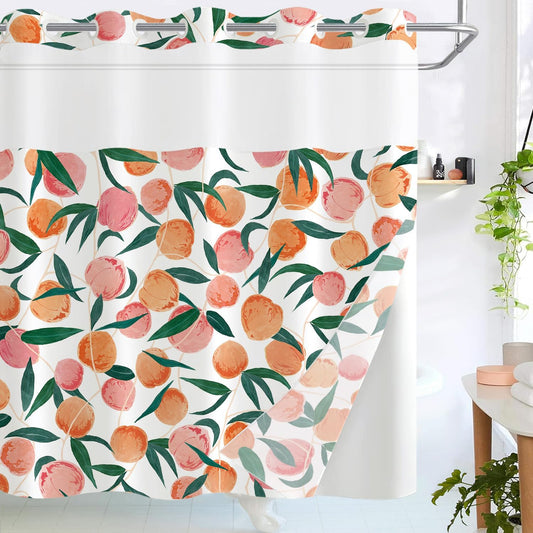 Lifeel No Hook Shower Curtain with Snap in Liner, Peach Allover Fruits Cute Curtains Set with Waterproof Inner Liner for Bathroom, Peachy Pink 72×74 Inches