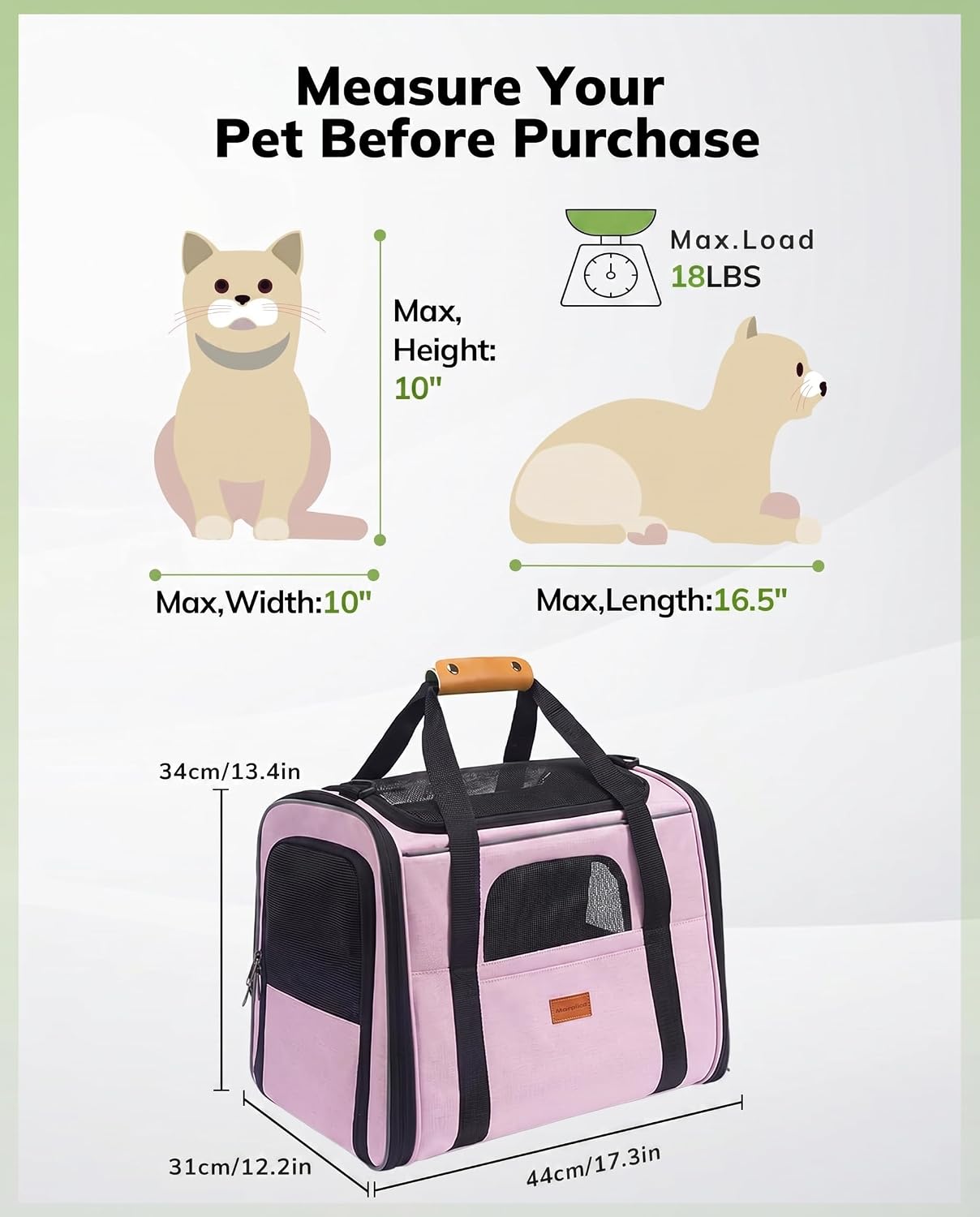 Morpilot Portable Cat Carrier - Soft Cat Carrier for Medium Cats and Puppy up to 15lbs,with Dual-Sided Cushion, Secure Buckle and Foldable Bowl, Dog Carriers for Small Dogs - Pet Carrier (Pink)