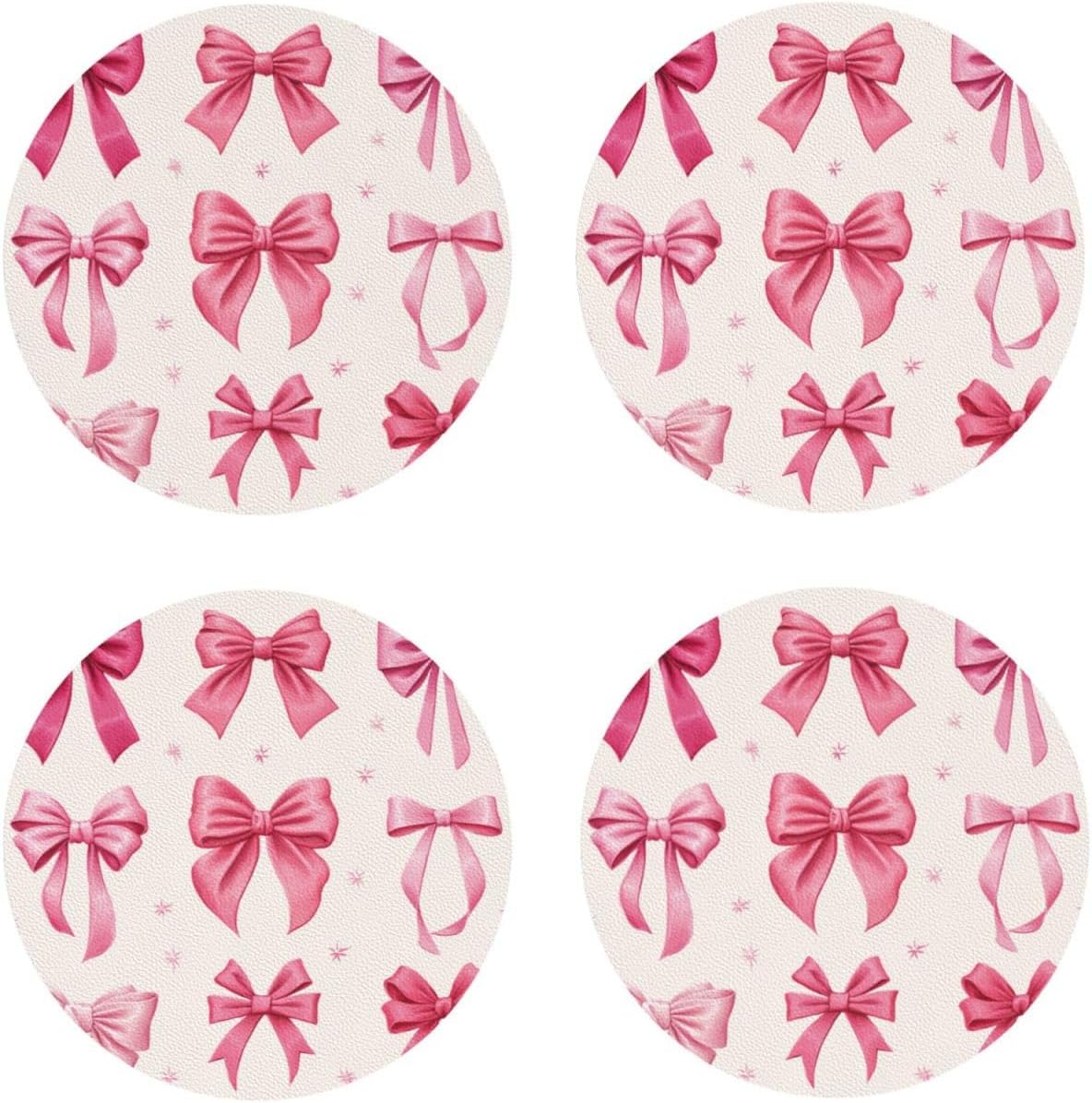 Light Pink Bows in Three Rows Drinks Coasters Set of 4 Leather Drink Coasters for Tabletop Protection Heat Resistant Bar Cup Mat Pad