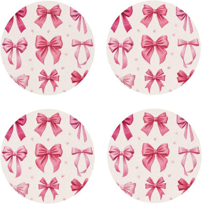 Light Pink Bows in Three Rows Drinks Coasters Set of 4 Leather Drink Coasters for Tabletop Protection Heat Resistant Bar Cup Mat Pad