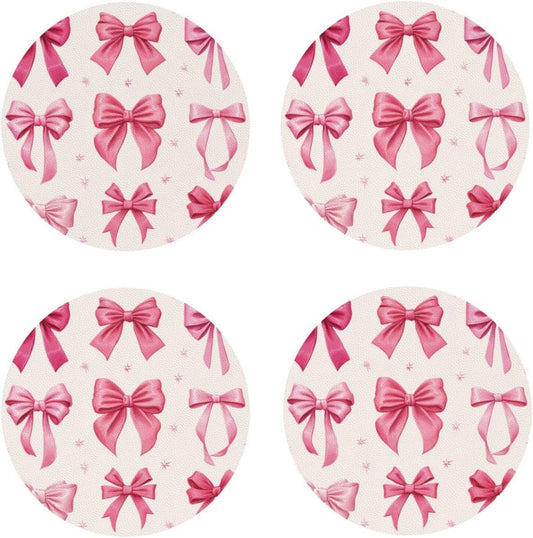 Light Pink Bows in Three Rows Drinks Coasters Set of 4 Leather Drink Coasters for Tabletop Protection Heat Resistant Bar Cup Mat Pad
