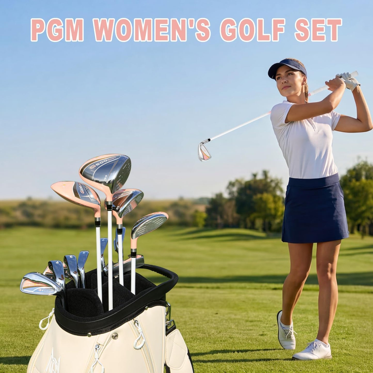 PGM Women's Golf Clubs Full Set for Right Handed with Driver Woods Hybrid Irons Wedges Putter, Lady Flex Complete Golf Set for Beginner to Intermediate Golfers with Headcovers and Club Bag