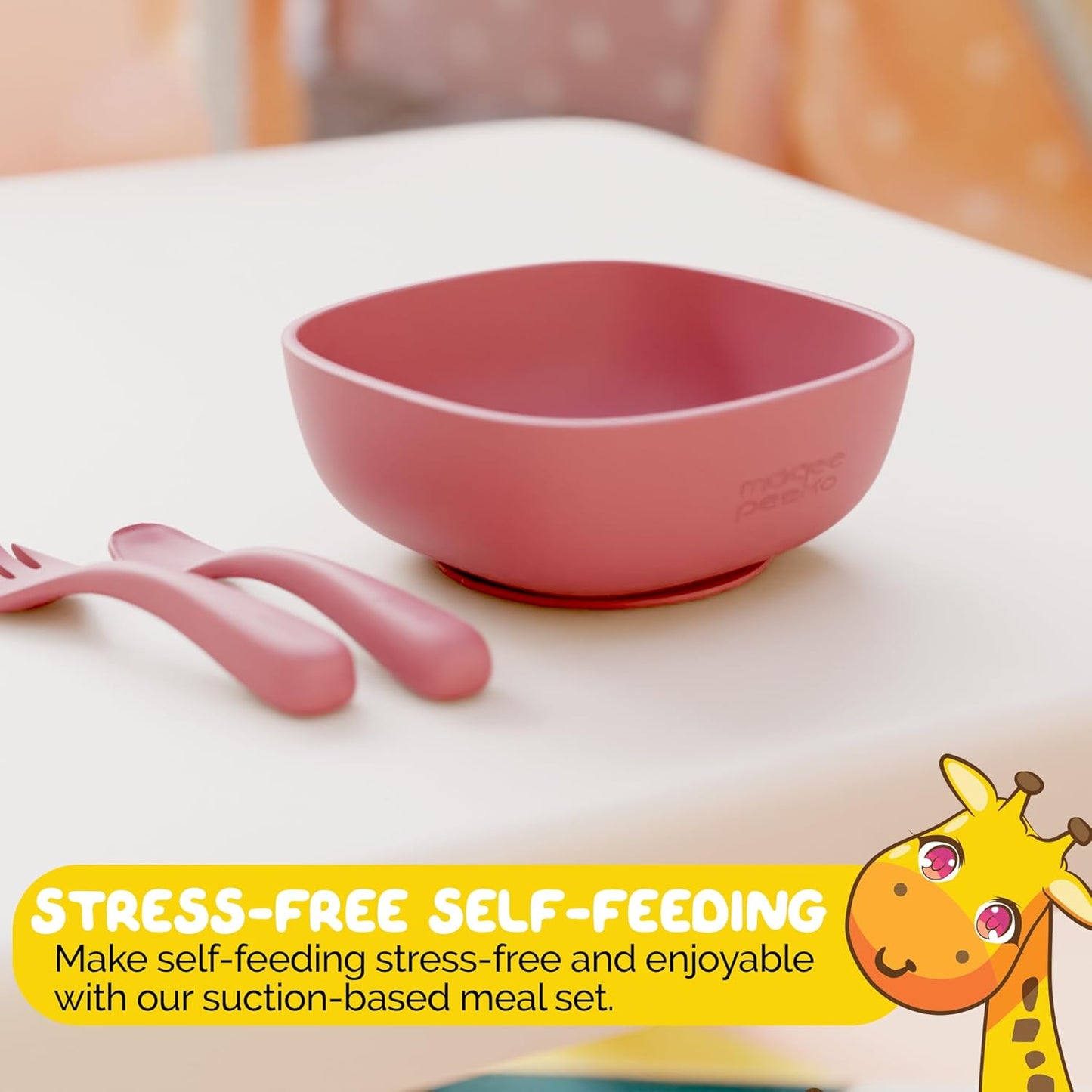 Silicone Baby Feeding Set for Infants with Baby Spoons Baby Forks and Suction Bowls for Baby in Pink Color - (3 Piece Set) Baby Eating Eating Essentials in Safe Silicone