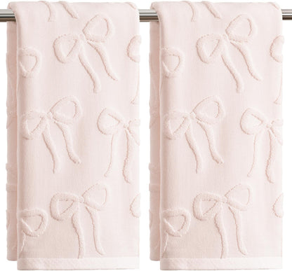 Artoid Mode 2 Pcs Pink 3D Bowknot Jacquard Hand Towels for Bathroom, 100% Cotton Soft Absorbent Bathroom Decor Towels, 13.7 x 29.5 Inch