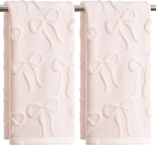 Artoid Mode 2 Pcs Pink 3D Bowknot Jacquard Hand Towels for Bathroom, 100% Cotton Soft Absorbent Bathroom Decor Towels, 13.7 x 29.5 Inch