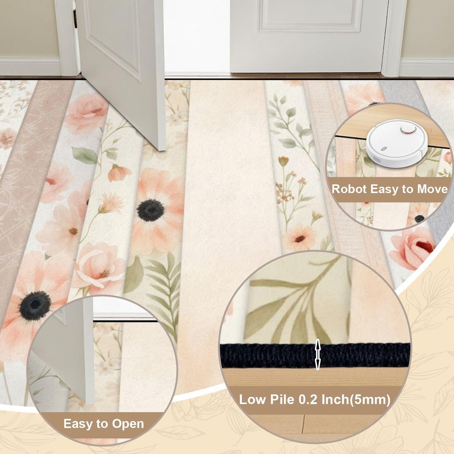 10x14 Area Rugs for Bedroom Boho Washable Rug for Living Room Soft Pastel Floral Pink Peach Flowers Light Extra Large Soft Rubber Backed Non-Slip Carpets for Office Dining Room