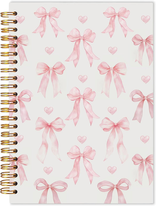 Pastel Pink Bow Notebook, Coquette Bow Journal, Preppy Aesthetic Notebooks for Women, Coquette Girly Office Supplies, Preppy Pink Hardcover Spiral Notebook 5.5x8.3 Inch