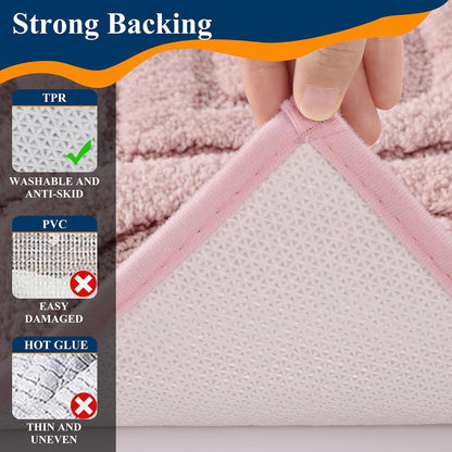 Ileading Bathroom Rugs Sets 5 Piece, Ultra Soft Absorbent Bath Mat for Bathroom, Non Slip Washable Bath Rug Set with Toilet Cover, Plush Bath Runner and U-Shaped Contour Toilet Rug, Pink