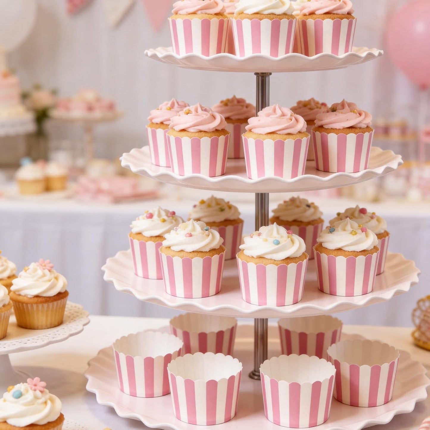 100 PCS Pink and White Striped Cupcake Liners, 6oz Paper Baking Cups and Muffin Liners for Birthday, Wedding, Baby Shower, Bridal Shower, and Party Favors