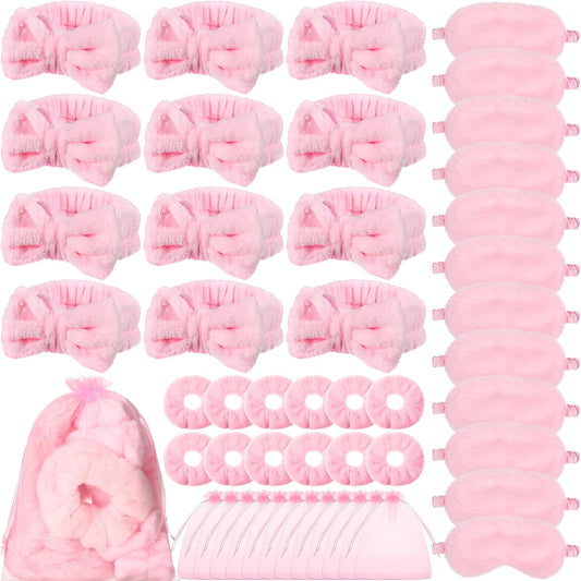 Mimorou 48 Pieces Spa Party Supplies 12 Spa Headband 12 Plush Sleep Eye Mask 12 Velvet Scrunchies 12 Organza Bags for Sleepover Slumber Party Favor Return Gift(Pink)