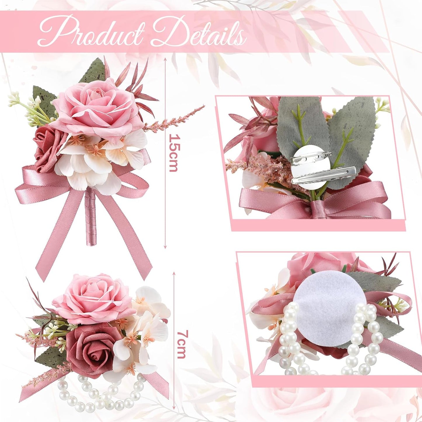 Canlierr 2 Pcs Dusty Pink Mens Boutonniere for Weddings Pink Wrist Corsage Double Pearl Bracelets Corsage and Boutonniere Set for Wedding Prom Party Artificial Flowers Ceremony Accessories Decor Suit