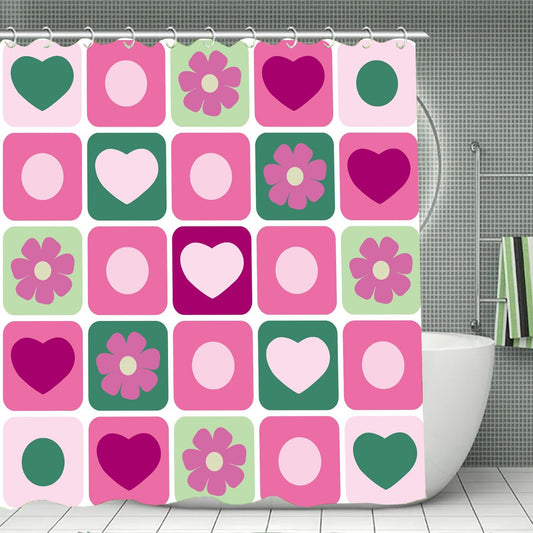 Checkered Shower Curtain Retro Abstract Geometric Boho Pink Flower Shower Curtain for Bathroom Decor Waterproof Fabric with Hook 72X72 Inch