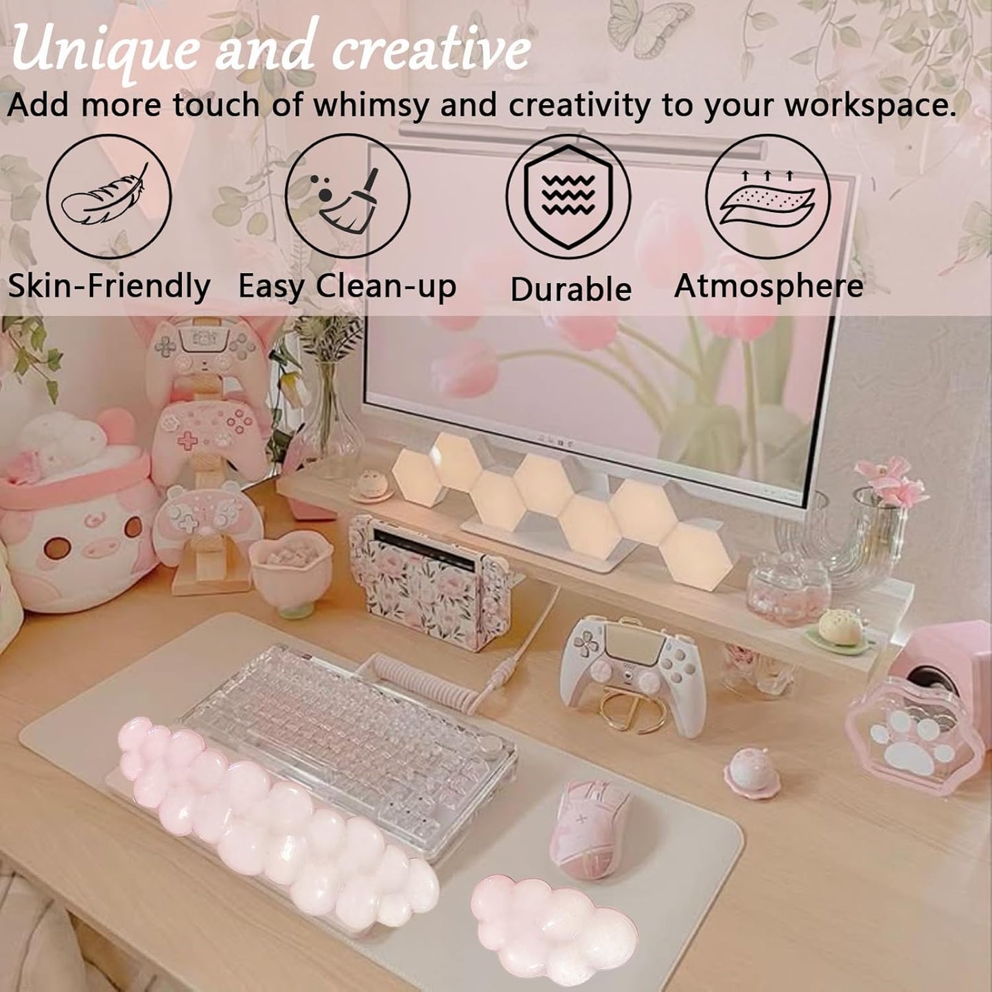 Gel Cloud Wrist Rest for Keyboard and Mouse Gradient Light Pink Clear Keyboard Wrist Rest Transparent Ergonomic Cute Cool Mouse Wrist Pad Silicone Non-Slip Wrist Pad for Computer Gaming Laptop Office