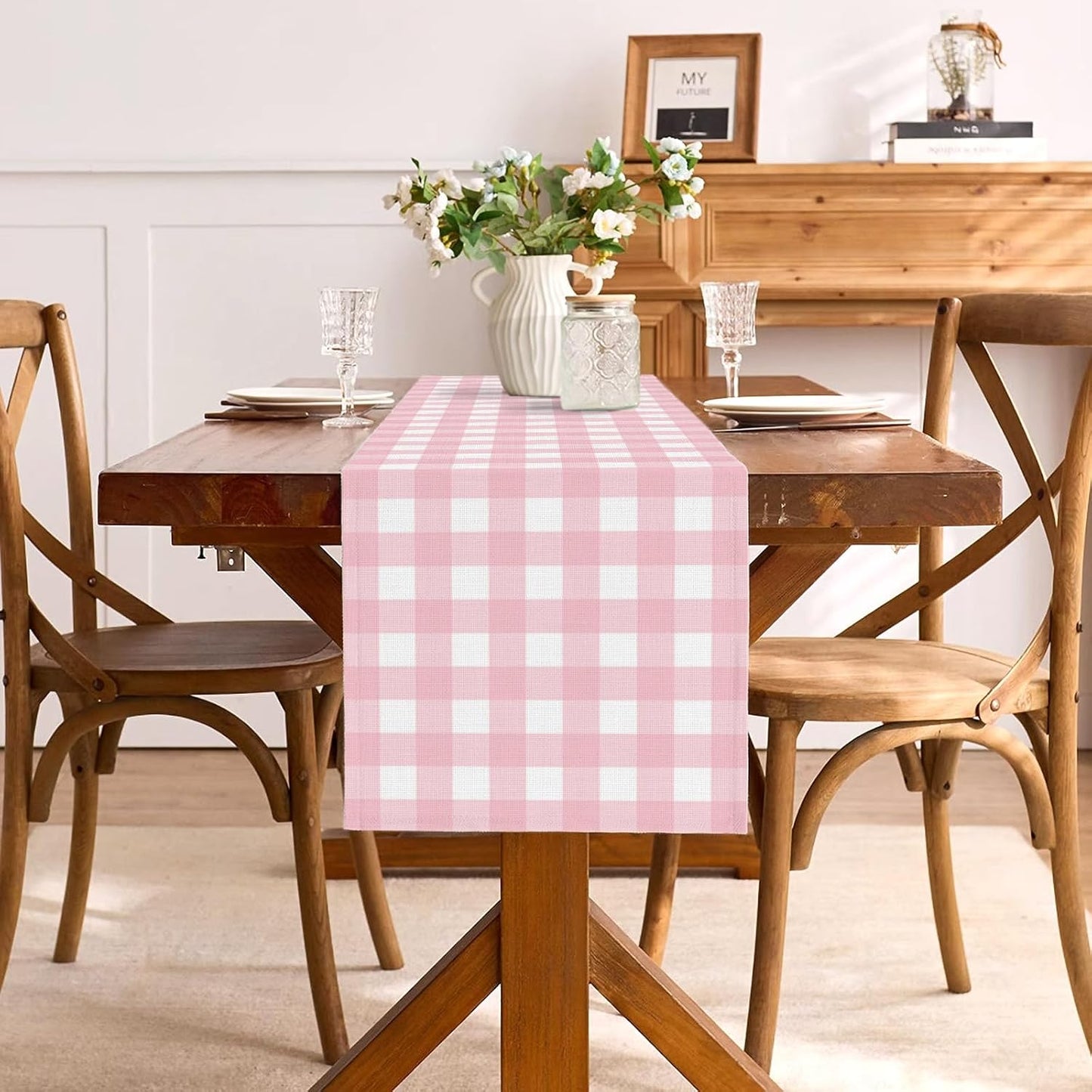 Cowgirl Pink Gingham Party Supplies Light Pink and White Checkered Table Runner Easter Baby Shower BBQ Picnic Home Kitchen Island Decor