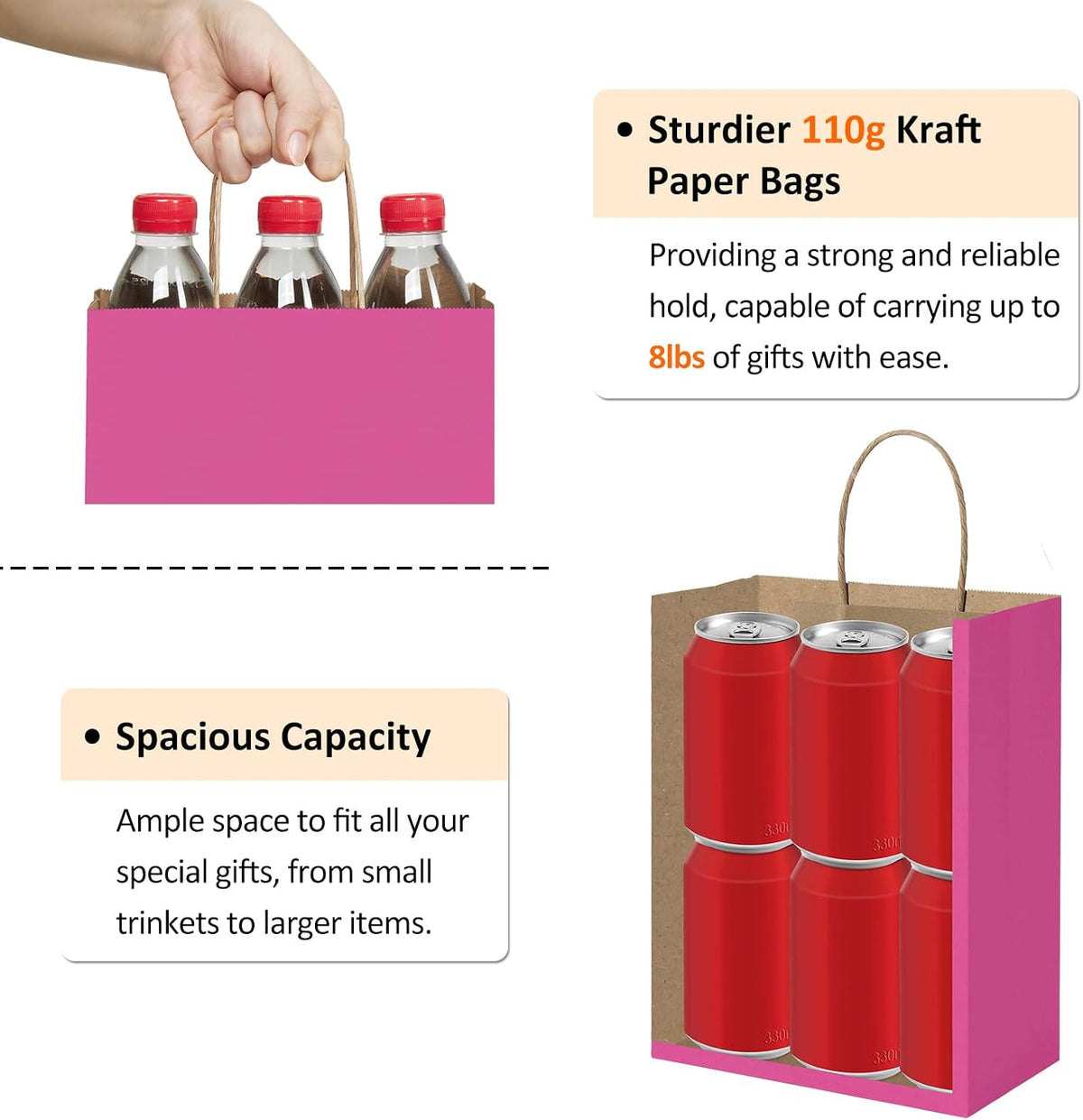 Medium Gift Bags with Handles 8x4.25x10.5 Inch Pink 25 Pack