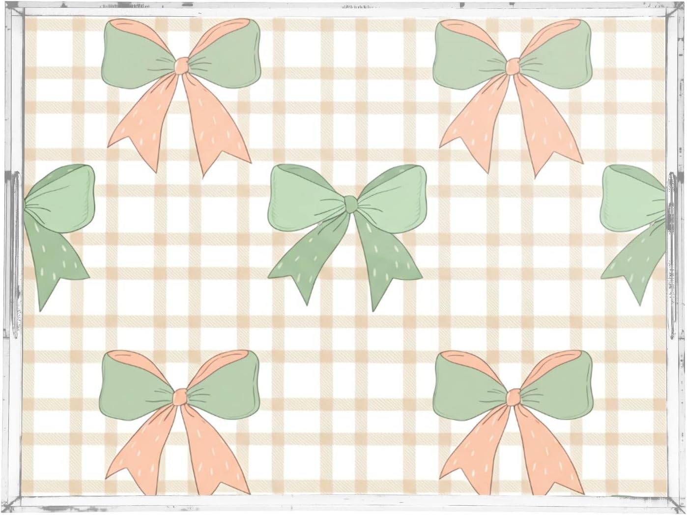 Green Peach Bows Serving Tray, Decorative Ottoman Trays with Handles for Breakfast, Coffee Table, Dining Room, Party - 16" x 12"