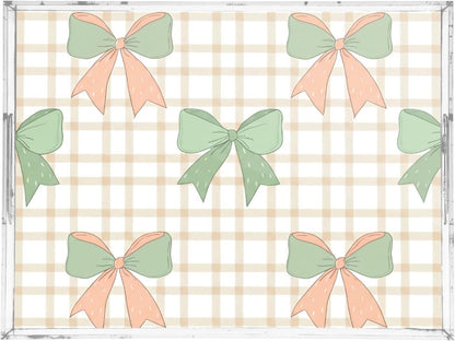 Green Peach Bows Serving Tray, Decorative Ottoman Trays with Handles for Breakfast, Coffee Table, Dining Room, Party - 16" x 12"