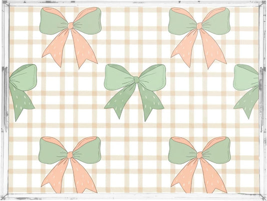 Green Peach Bows Serving Tray, Decorative Ottoman Trays with Handles for Breakfast, Coffee Table, Dining Room, Party - 16" x 12"