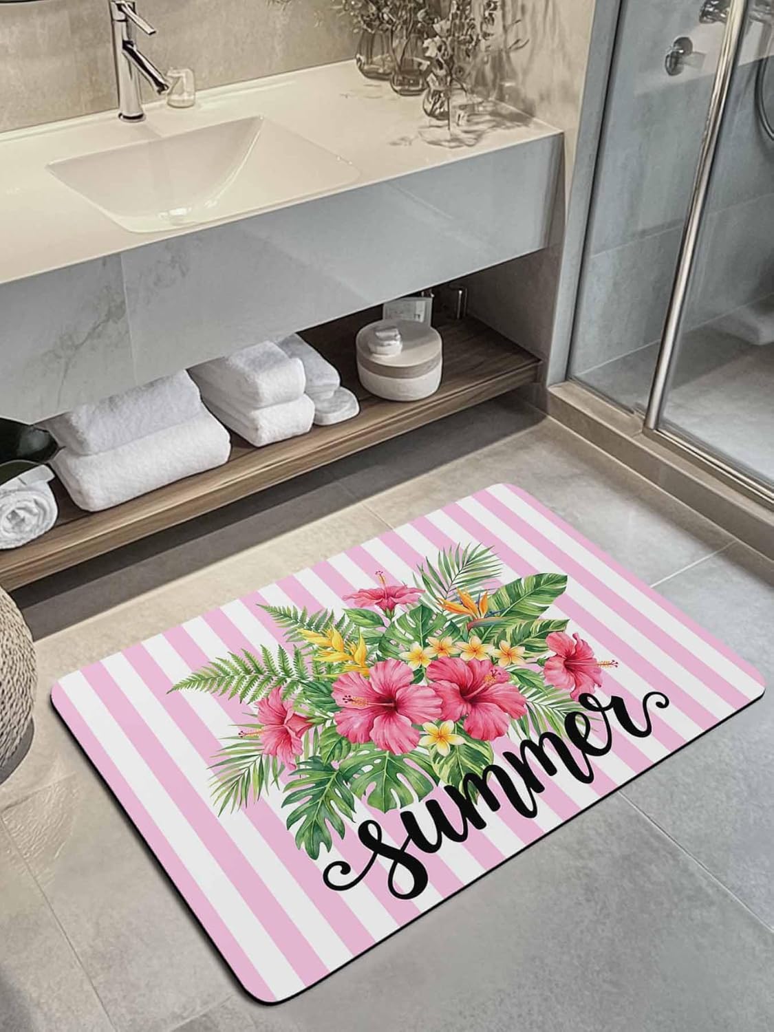 Summer Botanical Doormat Bath Mat Quick Dry Non Slip Rug with Rubber Tropical Plants Pink Stripe Water Absorbing Mat for Bathroom Kitchen Front Door Laundry Room 24" x 16"