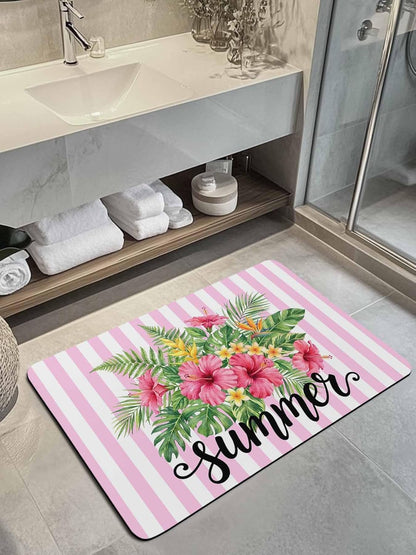 Summer Botanical Doormat Bath Mat Quick Dry Non Slip Rug with Rubber Tropical Plants Pink Stripe Water Absorbing Mat for Bathroom Kitchen Front Door Laundry Room 24" x 16"