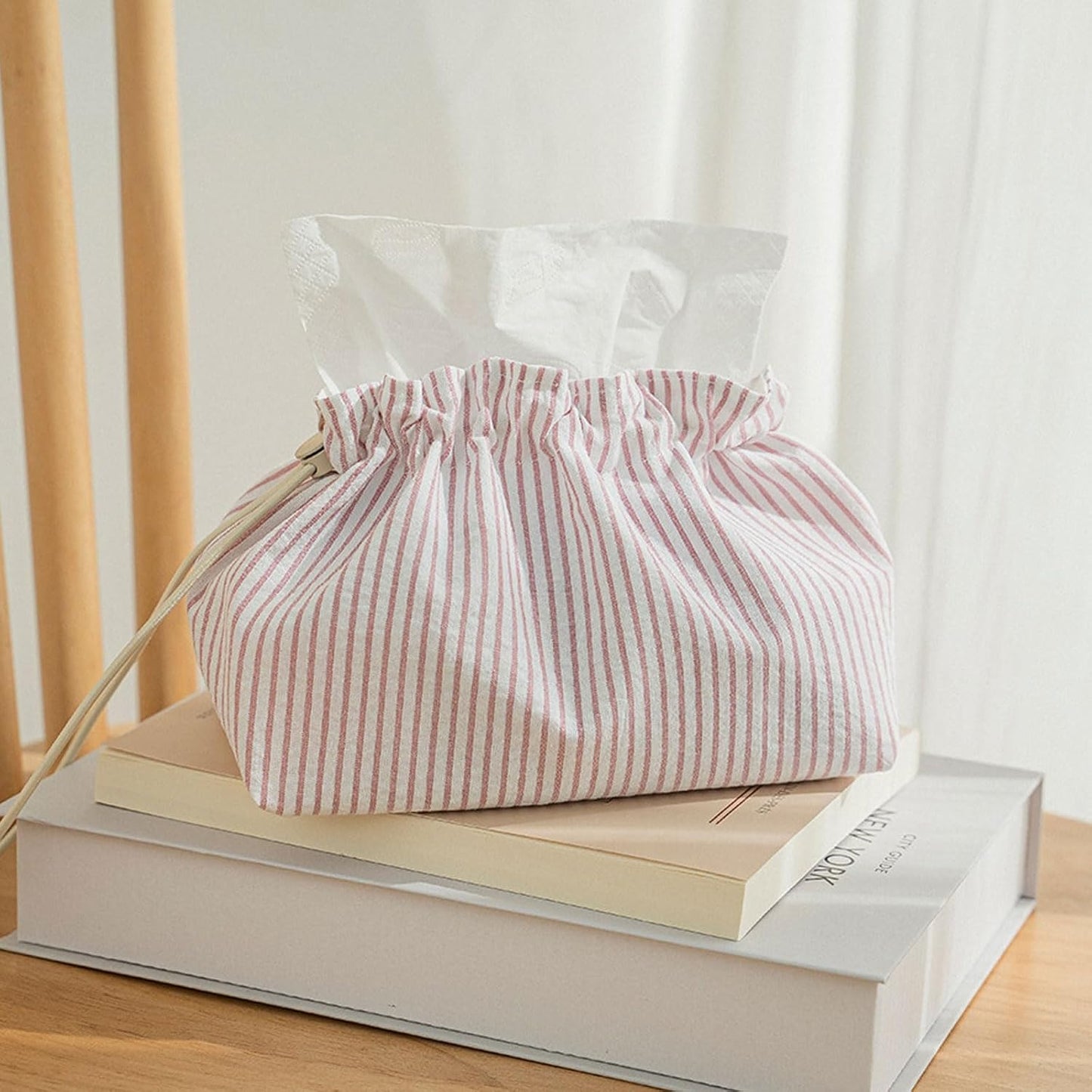 Fabric Tissue Box Cover with Handle, Pink Striped Cotton Tissue Holder for Home, Office, Bedroom, Car – Decorative Washable Tissue Case