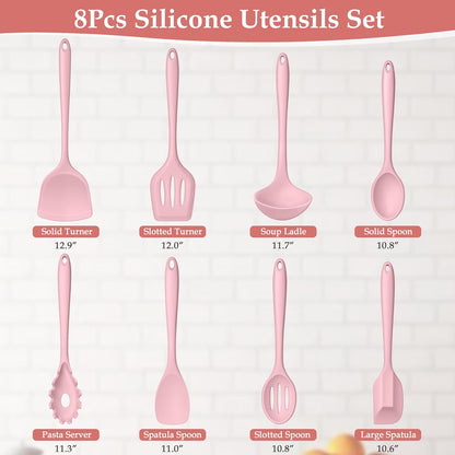 LIANYU Pink Silicone Cooking Utensils Set of 8, Non-Toxic Kitchen Utensils with Spatulas Spoons, Heat Resistant Non-Scratch Kitchen Tool, Healthy & Dishwasher Safe