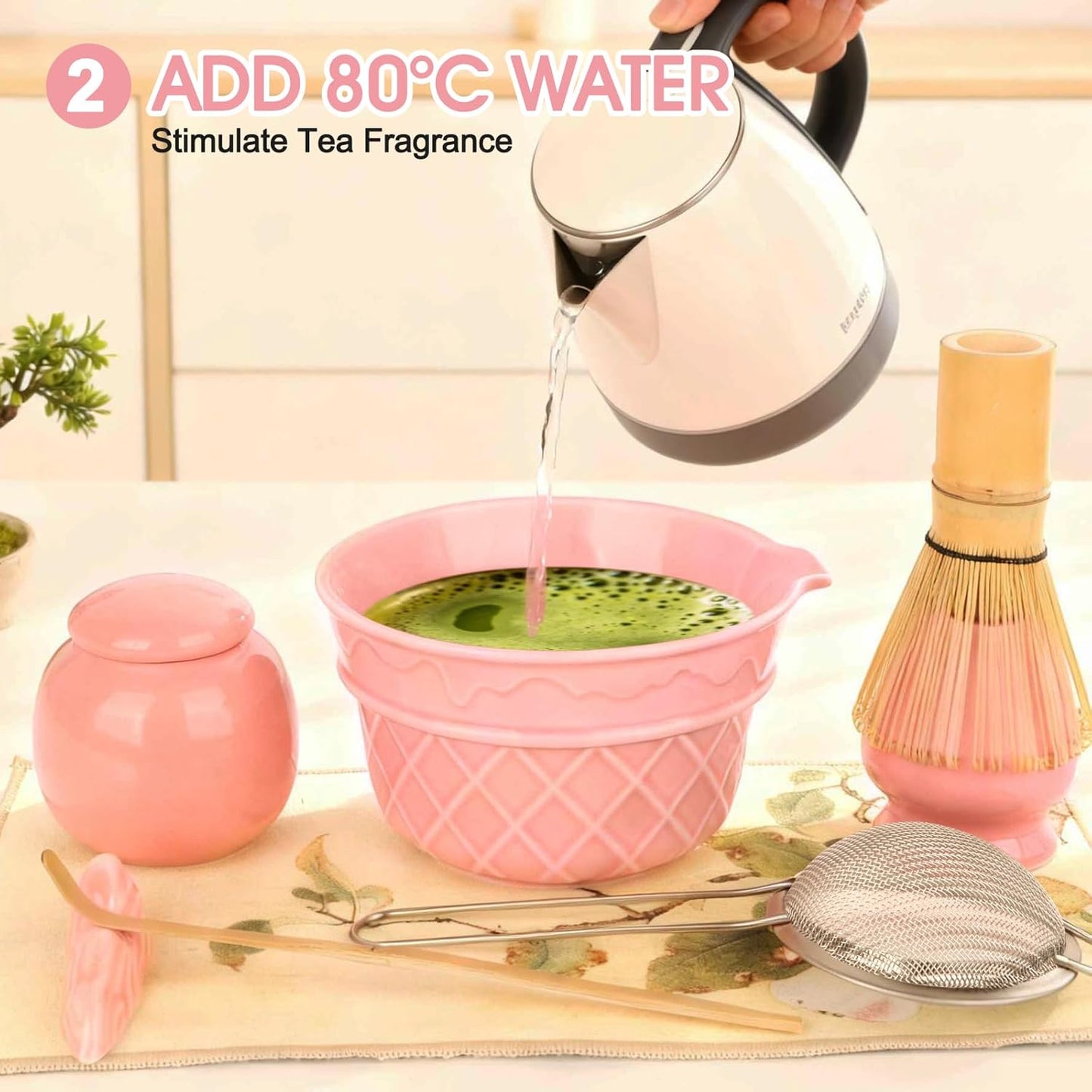 Sakura Pink Matcha Whisk Set-8pcs,Japanese Tea Set Includes Matcha Bowl with Ice Cream Design, Tea Mat and Matcha Canister, 16OZ Matcha Kit for Ceremony