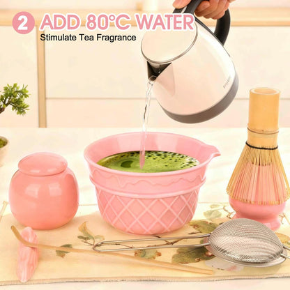 Sakura Pink Matcha Whisk Set-8pcs,Japanese Tea Set Includes Matcha Bowl with Ice Cream Design, Tea Mat and Matcha Canister, 16OZ Matcha Kit for Ceremony