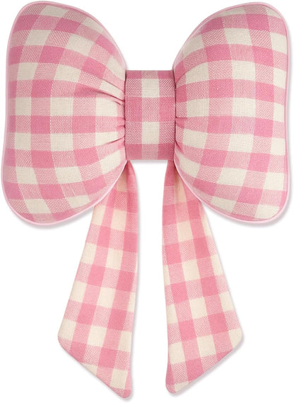 Kathfly Pink Bow Pillow Soft Bow Shaped Checkered Throw Pillows Decorative Cute Canvas Cushion Aesthetic Home Decor for Room Bed Couch Sofa (11 x 8.7 Inches)