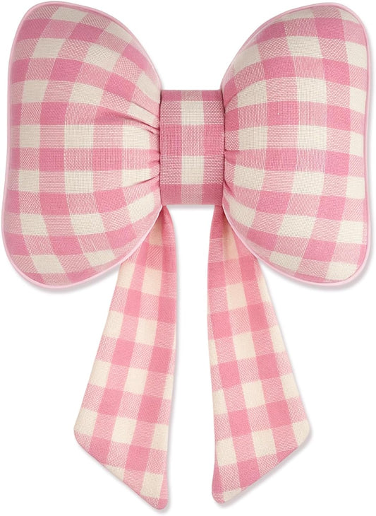 Kathfly Pink Bow Pillow Soft Bow Shaped Checkered Throw Pillows Decorative Cute Canvas Cushion Aesthetic Home Decor for Room Bed Couch Sofa (11 x 8.7 Inches)