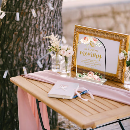 Acrylic Wedding Signs, Bridal Shower Decorations, In Loving Memory Sign for Reception, Modern Calligraphy Arch Acrylic Table Top Sign for Wedding Reception and Engagement Parties (Clear Pink Flowers)