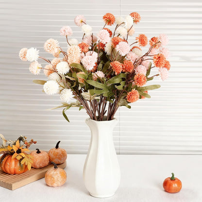 Artificial Flowers Fall Decor - 16 Bundles Faux Silk Mums UV Resistant Chrysanthemums Bouquet Kiku Flowers (16, White+Pink+Orange)