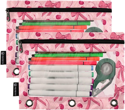 Pink Bow Cherry Pencil Pouch for 3 Ring Binder 2 Pack Zipper Binder Pencil Bag with Clear Window Pencil Case for Office Supplies