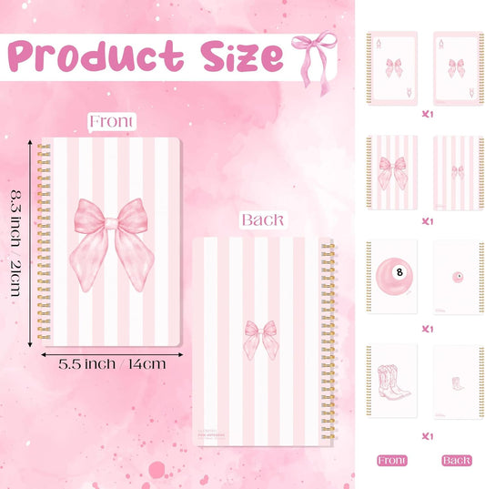 CNhoqc Pink Spiral Journal Notebook - 4 Pcs A5 Pink Watercolor Coquette Bow Lined Pages Hardcover Spiral Bound Journal Subject Notebook Work School Note Taking Supplies Women Men Birthday Graduation