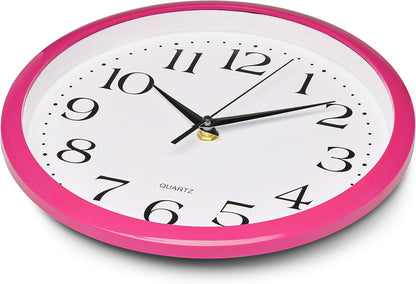 Bernhard Products Pink Wall Clock 10 Inch Silent Non Ticking Battery Operated Quality Quartz Round Easy to Read Home/Office/Kitchen/Nursery/Girl's Bedroom/Classroom/Kids Playroom/School Clock