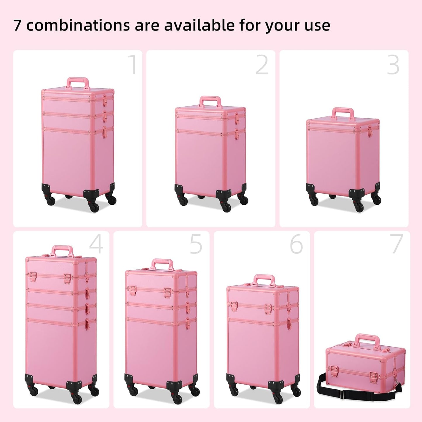 Somduy Makeup Train Case, Rolling Makeup Case with Lid, 5 in 1 Cosmetology Case on Wheels, Christmas Gift, Large Makeup Case Organizers, Profesional Cosmetic Case for Salon Barber, Pink