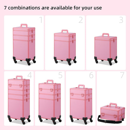 Somduy Makeup Train Case, Rolling Makeup Case with Lid, 5 in 1 Cosmetology Case on Wheels, Christmas Gift, Large Makeup Case Organizers, Profesional Cosmetic Case for Salon Barber, Pink