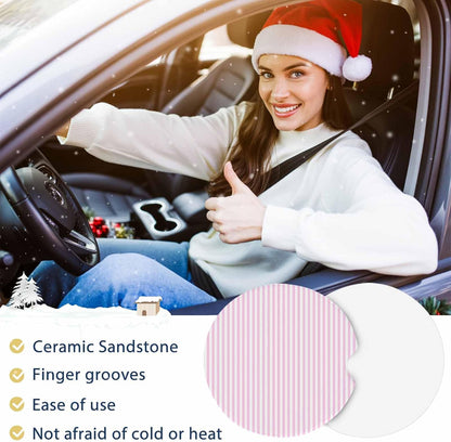 Simple White Striped Car Coaster, Pink Stripes Modern Style Absorbent Ceramic Coasters for Car, 2 Pcs Coasters for Auto Cupholder Accessories Keep Vehicle Clean 2.56inch