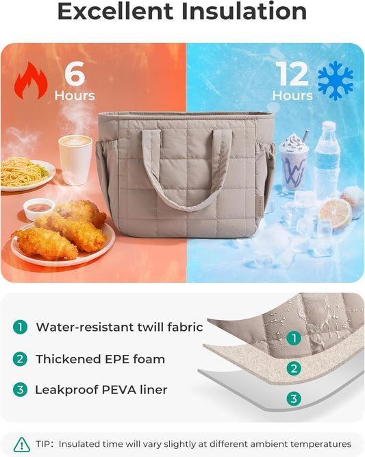 BAGSMART Lunch Bag for Women Small Cute Quilted Lunch Box Insulated Lightweight, Leakproof, Durable & Reusable Tote Bag for Work, Travel, Outdoor, Blush Pink