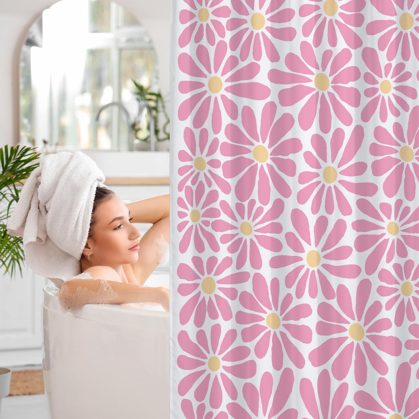 SHIYUE Pink Flower Shower Curtain, Cute Boho Floral Bathroom Decor, 180GSM Heavy Duty Waterproof Washable Fabric, with 12 Hooks 72x72 Inches