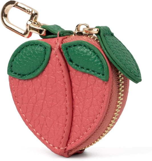 Cute Fruit Coin Purse Bag Charm,Mini Leather Coin Change Purse & Pouch Holder Keychain Charm for Handbag Tote Wallet Airtag Accessories,Kawaii Fruit Bag Charms for Girl Women Peach