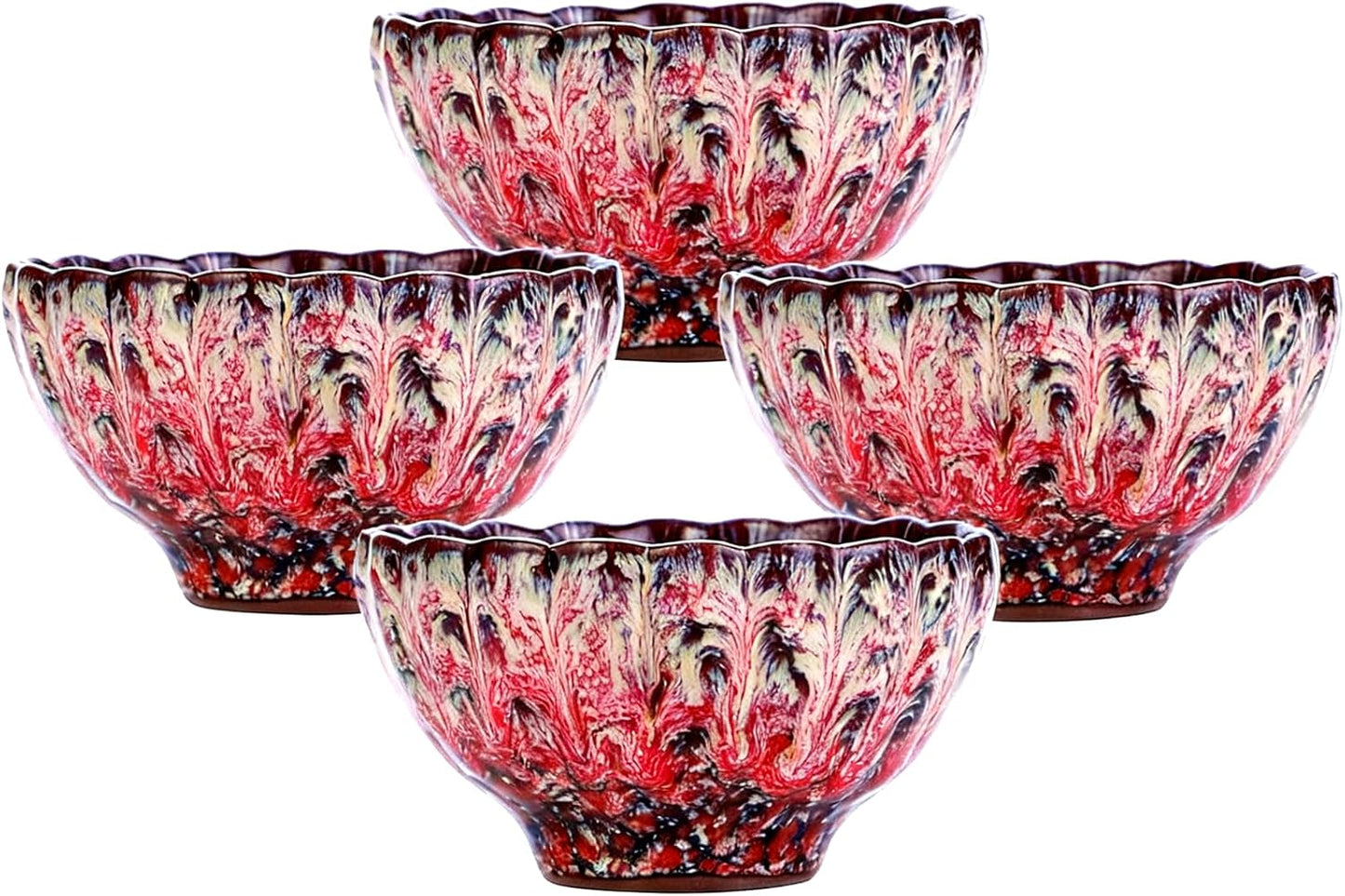 Pink Tenmokus Tea Cups Set of 4, Chinese Jianzhan Ceramic Teacup | Cherry Blossom Glaze, Kiln Change, Lead-free Cadmium-free, for Kungfu Tea Ceremony, Home Decor & Collection Gift