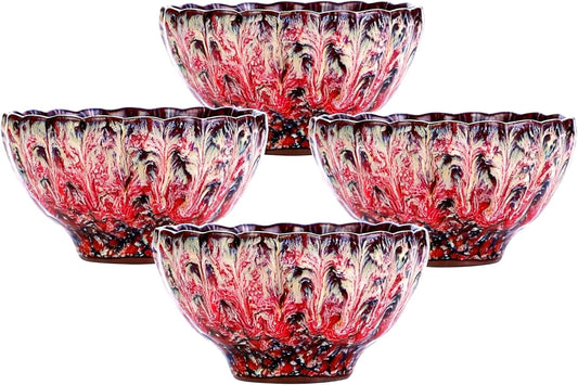 Pink Tenmokus Tea Cups Set of 4, Chinese Jianzhan Ceramic Teacup | Cherry Blossom Glaze, Kiln Change, Lead-free Cadmium-free, for Kungfu Tea Ceremony, Home Decor & Collection Gift