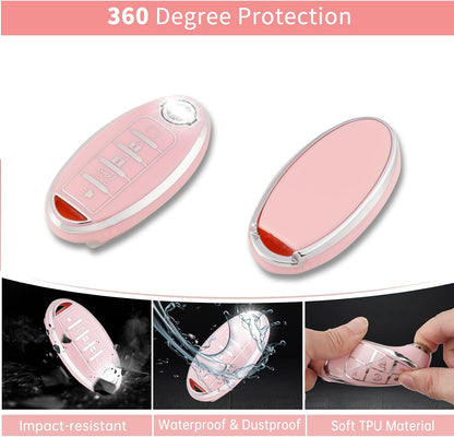 Pangpai Pink Car Accessories 3 Pcs for 5 Buttons Nissan Key Fob Cover with Bling Keychain Cute Push to Start Button Cover